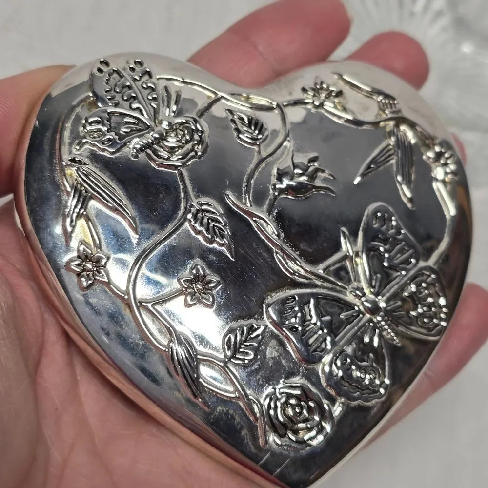 Vintage Silver Plated Butterfly Floral Lid Heart Shaped Glass Trinket Box